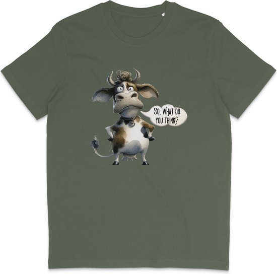Grappig T Shirt Heren en Dames - Koe Print en Tekst / Quote - Groen Khaki - L