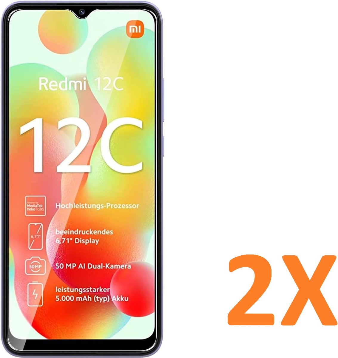 Screenprotector Glas - Tempered Glass Screen Protector Geschikt voor: Xiaomi Redmi 12C - 2x