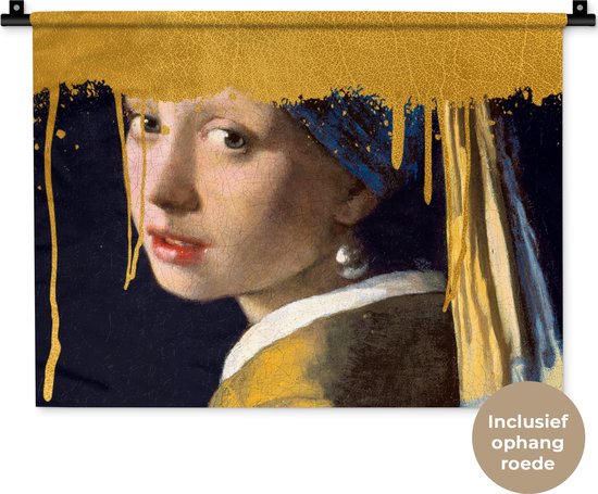 Wandkleed - Wanddoek - Meisje met de parel - Goud - Vermeer - 60x45 cm