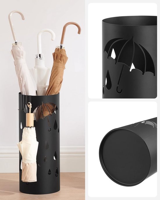 Porte-parapluie rond en métal avec 4 crochets, bac de récupération d'eau amovible, 17 x 41 cm (Ø x H), pour entrée, couloir, noir