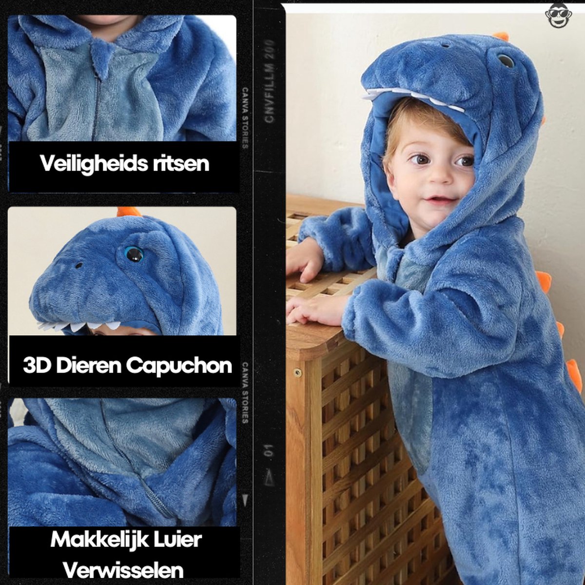 BoefieBoef Dieren Baby Onesie Peuter Pyjama Kinderen 6 maanden tot 2 jaar – Dinosaurus – Verkleedkleding met Luierrits – Carnaval Dierenpak - Halloween en Kraamcadeau - Zacht Flanel - Romper - Boxpak - Jongens - Meisjes - Kruippak - blauw — afbeelding 4