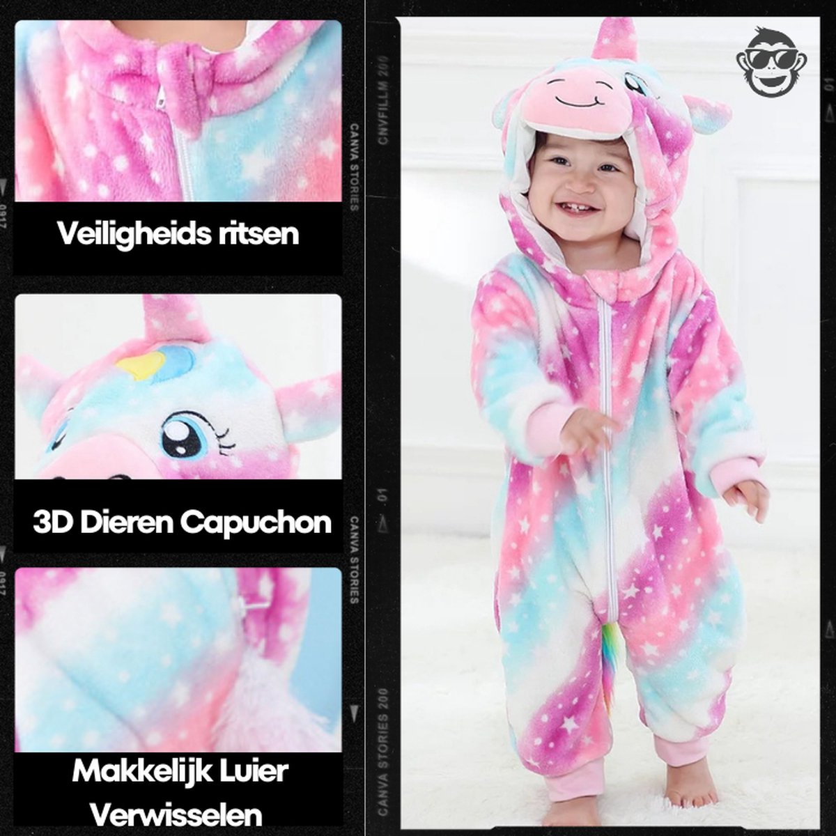 BoefieBoef Dieren Kleuter Onesie Peuter Pyjama Kinderen – Verkleedkleding met Luierrits – Carnaval Dierenpak - Kerst en Kraamcadeau - Zacht Flanel - Baby Romper - Boxpak - Jongens - Meisjes - Kruippak - Winterpak - Eenhoorn Unicorn Roze — afbeelding 4