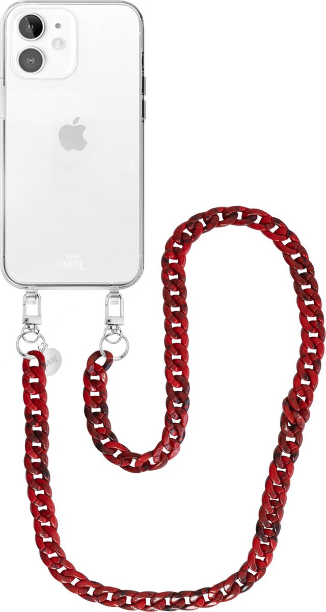 xoxo Wildhearts siliconen hoesje - Geschikt voor iPhone 12 - Red Roses - Telefoonhoesje - Hoesje met koord - Rood koord - lang telefoonkoord - Transparant hoesje (lange variant)