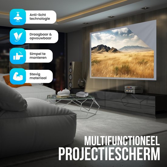 Multifunctioneel projectiescherm in een woonkamer, met iconen voor anti-licht, draagbaar, eenvoudig te monteren en stevig materiaal. Toont een landschap op het scherm.