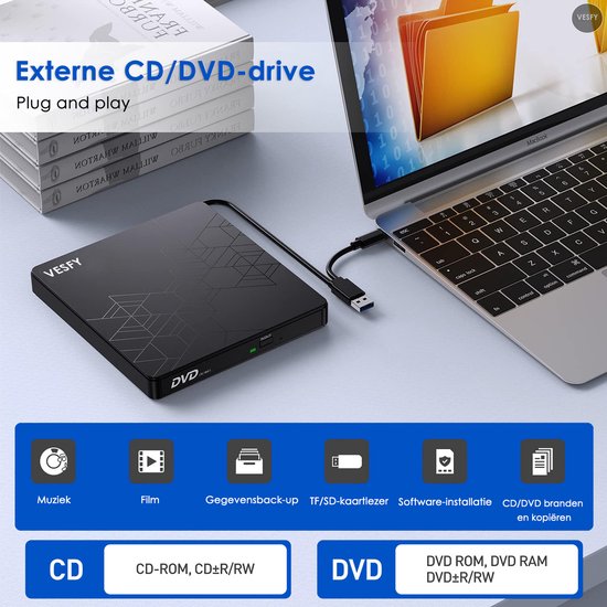 Vesfy Externe DVD/CD Speler en Brander voor Windows, Mac en Linux - DVD Brander - USB 3.0 Hoge Snelheid - Vesfy