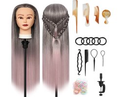 Oefenhoofd Kapper- Kap Hoofd Voor Kapsels- 100% Synthetische Vezel haar- Met Statief - Tafelclips - Gradient Roze