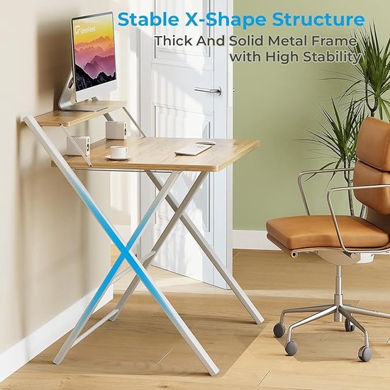 SOROGRA Petit Bureau Pliable 80 cm, Bureau d'Ordinateur Pliant avec Support Moniteur pour Le Travail à Domicile, Table Portable pour Petits Espaces, Facile à Assembler, Blanc