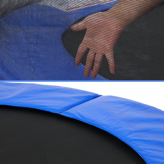 Dichtbij-opname van een hand die het blauwe veiligheidsnet van een trampoline aanraakt.