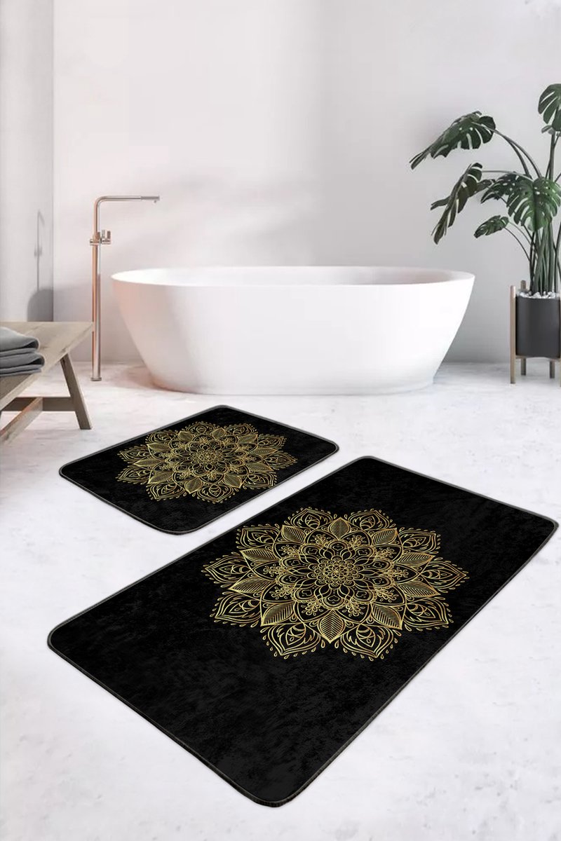 Badmat antislip 2 stuk set - 60x100 & 50x60 - Wc mat - Toiletmat - gold mandala op zwart - De Groen Home
