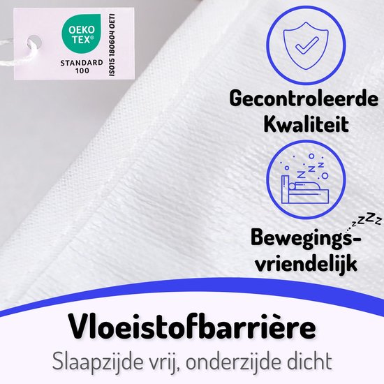 Witte molton met Oeko-Tex label. Tekst 'Gecontroleerde Kwaliteit' en 'Bewegings-vriendelijk', bed icoon met zzz.