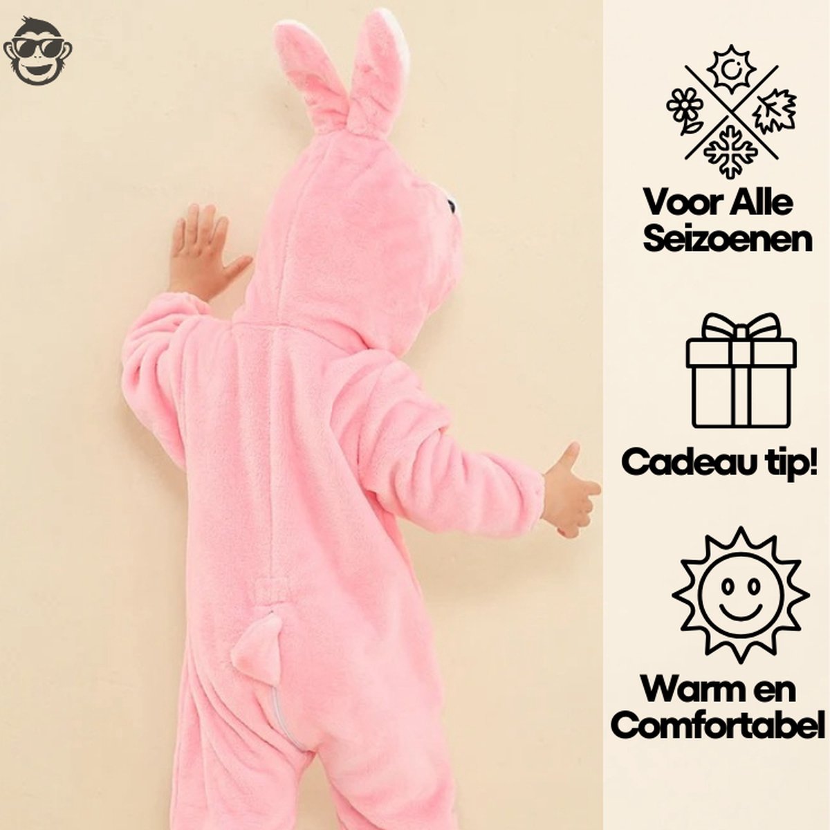 BoefieBoef Dieren Baby Onesie Peuter Pyjama Kinderen 6 maanden - 2 jaar – Konijn roze – Verkleedkleding met Luierrits – Kerst Carnaval Dierenpak - Kraamcadeau – Zacht Flanel - Romper - Boxpak - Jongen - Meisjes - Kruippak - Winterpak - Pasen - Rabbit — afbeelding 3