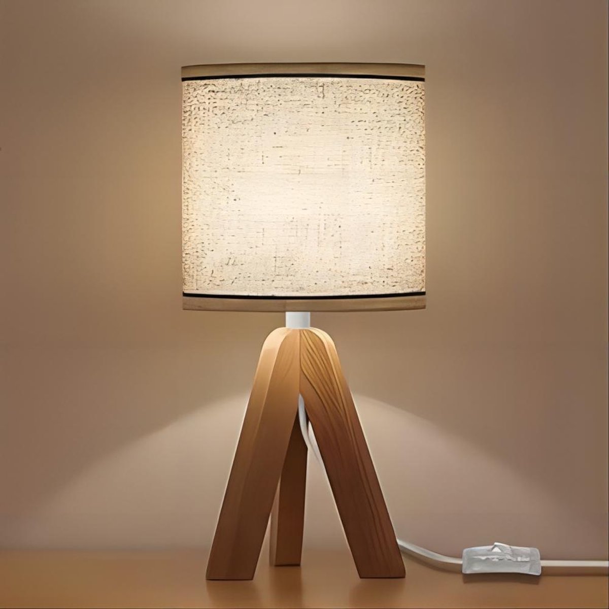 Goeco Tafellamp - 36cm - Medium - E27 - Houten Statief - Linnen Lampenkap Bedlampje - Zonder Lichtbron