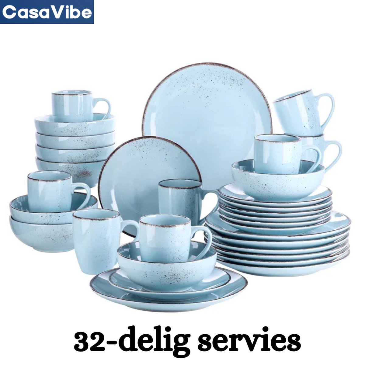 CasaVibe Serviesset – 32 delig – 8 persoons – Keramiek Luxe – Bordenset Koppen Kommen Blauw Navia