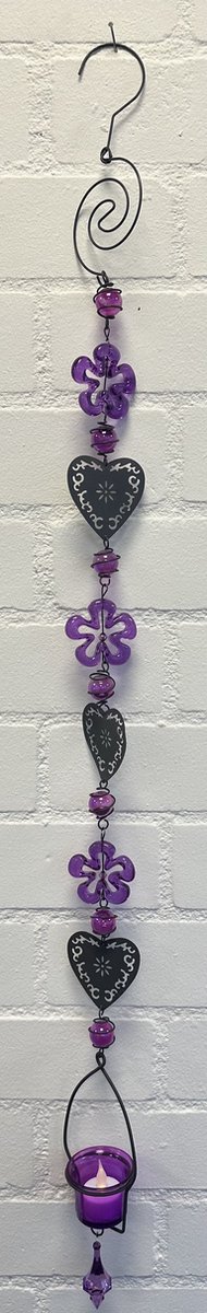 Deco theelichthouder "bloem + harten" met metalen ketting - zwarte ketting & paarse glazen stenen - lengte 115 cm - exclusief theelicht - Woondecoratie - Theelichthouder - Woonaccessoires