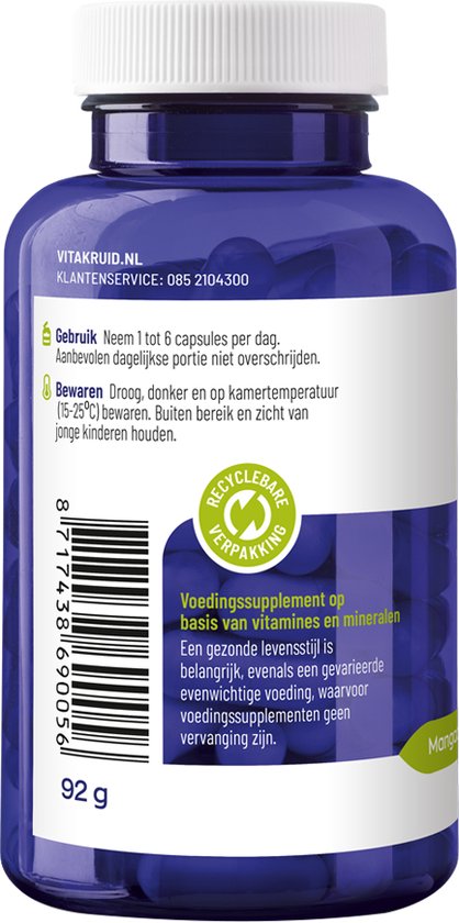 Blauwe pot met witte dop, met etiket met gebruiksaanwijzing en recyclinginformatie.