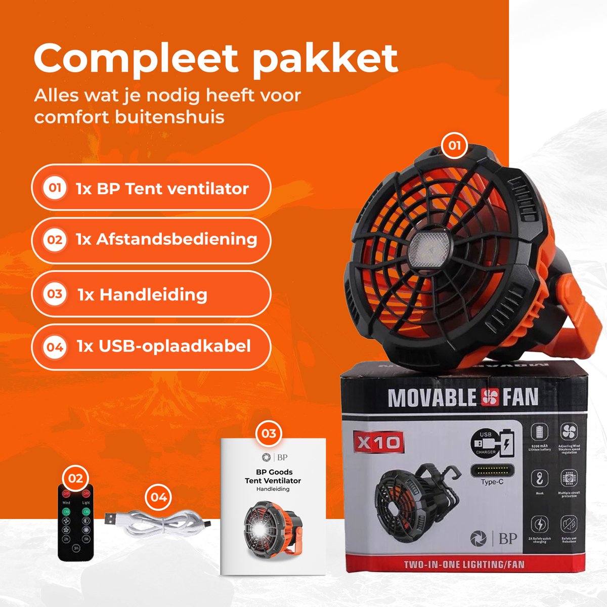 BOG Camping Ventilator Met Verlichting - 20000Mah Op Batterij   Draagbare Ventilator Met Afstandsbediening   360 Draaibare Haak   4 Snelheden   Voor Binnen Buiten Reizen   Oranje 1128365701