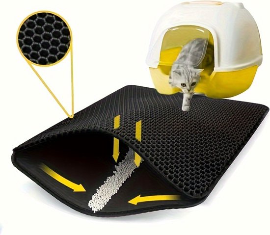 Nivard Tapis de litière pour chat - Tapis Chats - Collecteur de grains - Tapis de nettoyage Bac à litière pour chat - Tapis de sortie de bac à litière - Tapis de bac à litière - Tapis de litière pour Cat - Antidérapant - Zwart - 55x75cm