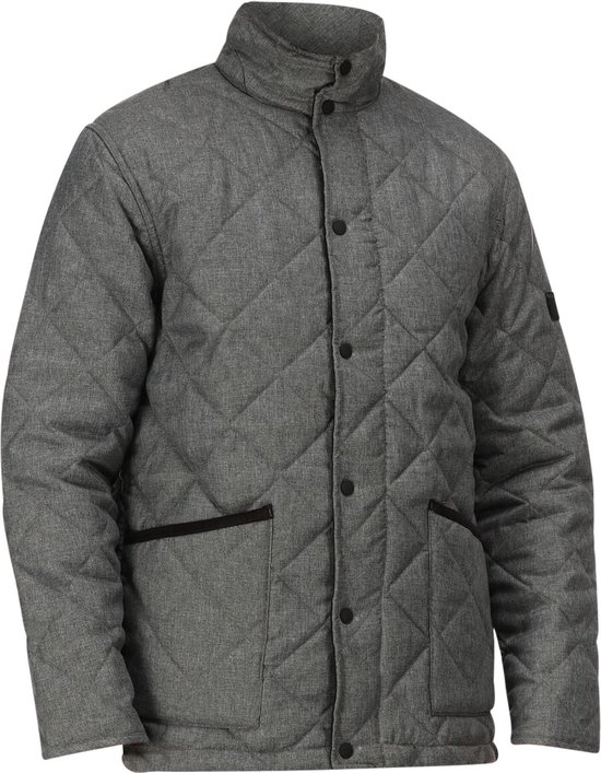 Veste matelassée grise, vue avant, motif losange, col et passepoil noir.