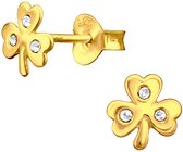 Joy|S - Zilveren klaver oorbellen - 6 x 7 mm - kinderoorbellen met kristalletjes - gold plated - goudkleur