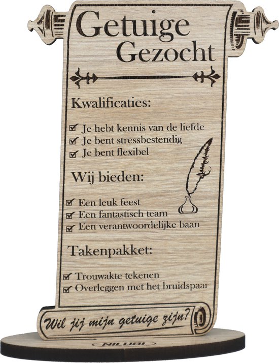 Perkament Getuige Gezocht - houten wenskaart - Wil je mijn getuige zijn? - huwelijk - kaart van hout om iemand als getuige te vragen - 12.5 x 17.5 cm