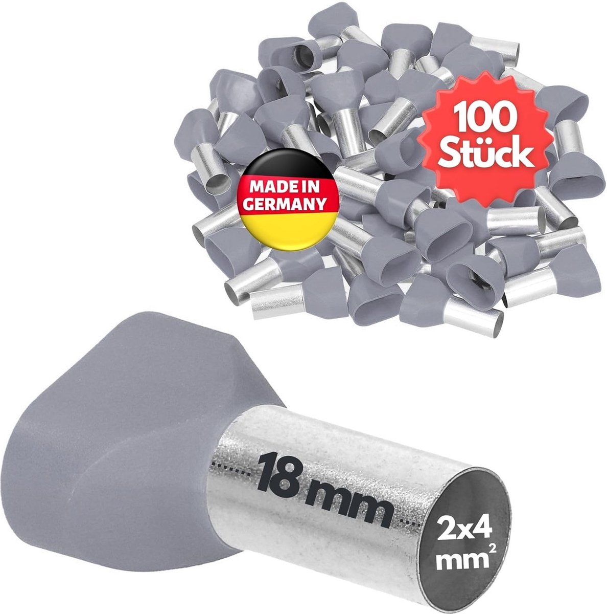 100 stuks Kalitec AET418GR dubbele adereindhulzen geïsoleerd 2x4,0mm² 18mm lang grijs I Made in Germany I Industriële kwaliteit