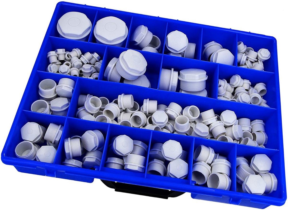 220 stuks Kalitec assortimentsdoos blinde pluggen grijs M12-M50 I smoornippelset I assortiment afdichtpluggen I pluggen met schroefdraad I zeskantplug kunststof I smoorpluggen