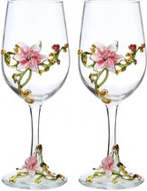Handgemaakte geschilderde emaille bloem gin ballon glas wijnglas verjaardagscadeau voor vrouwen moeder vrienden Moederdag loodvrij (roze lelie (set van 2)