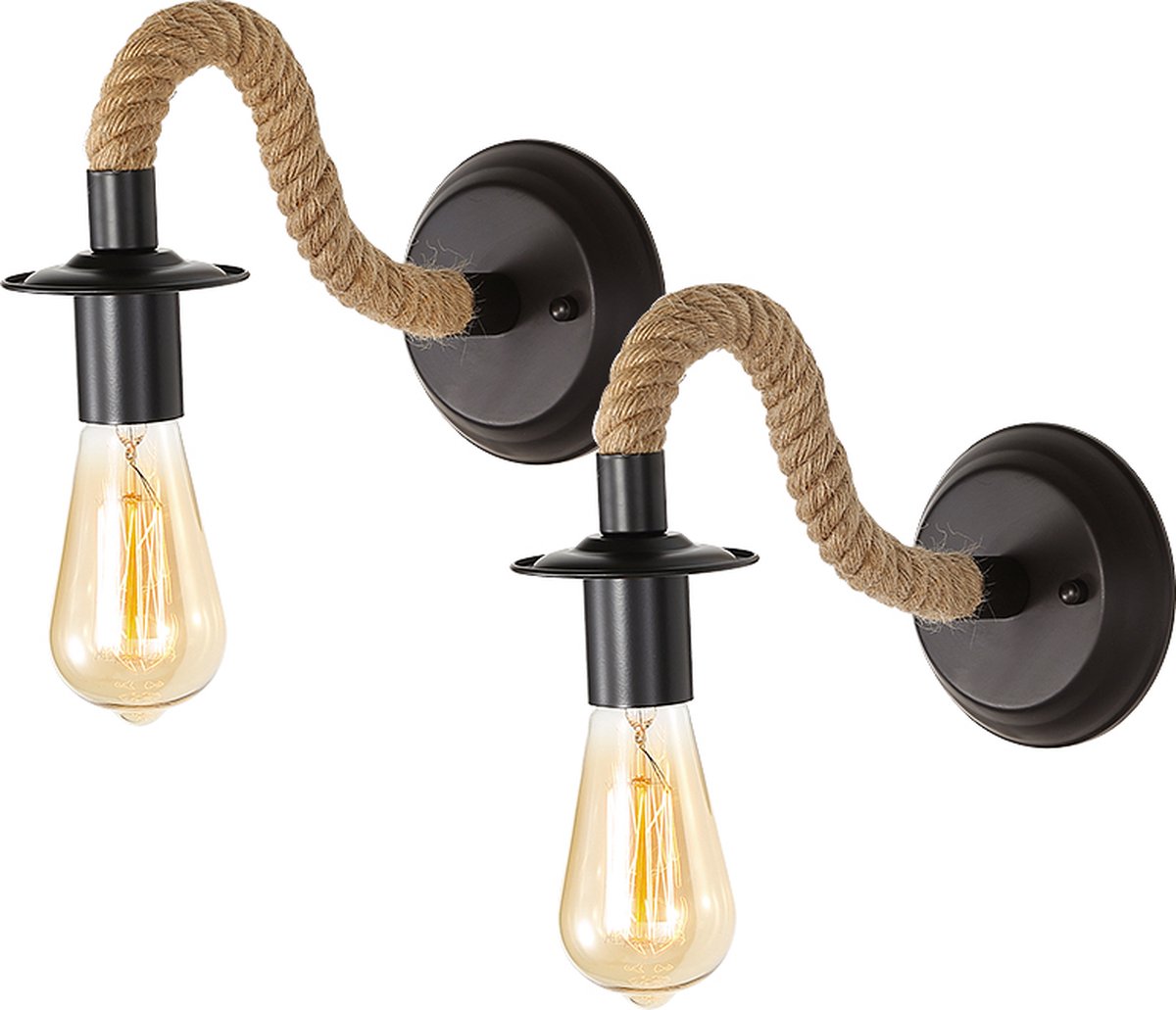 Delaveek-2-Delige Binnen Vintage Wandlamp - Gemaakt van Hennep Touw - E27 (lamp niet inbegrepen)