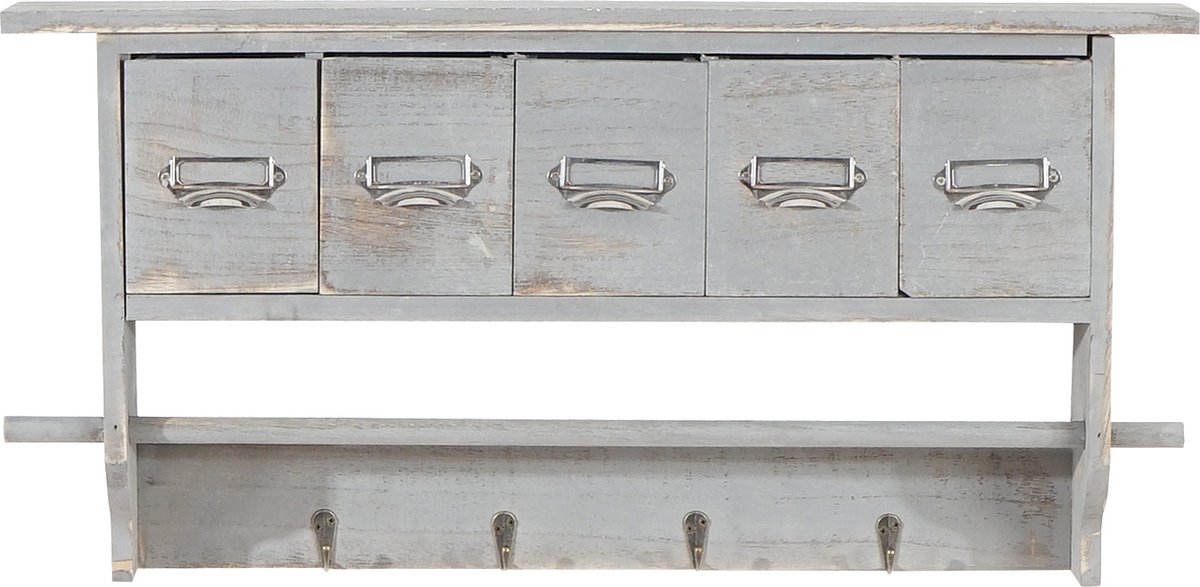 Cosmo Casa Garderobe - Wandgarderobe Wandregal - Vintage met 5 laden 32x65x13cm - Shabby Look - Grijs
