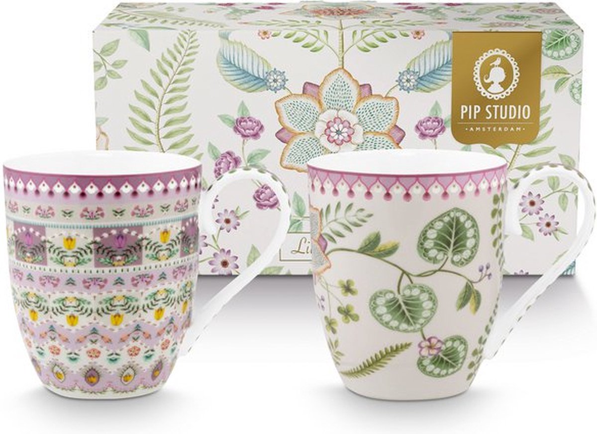 Pip Studio Lily & Lotus mok set/2 - 450ml - 2 bekers XL 450 ML Lily & Lotus Lila in giftbox - porselein