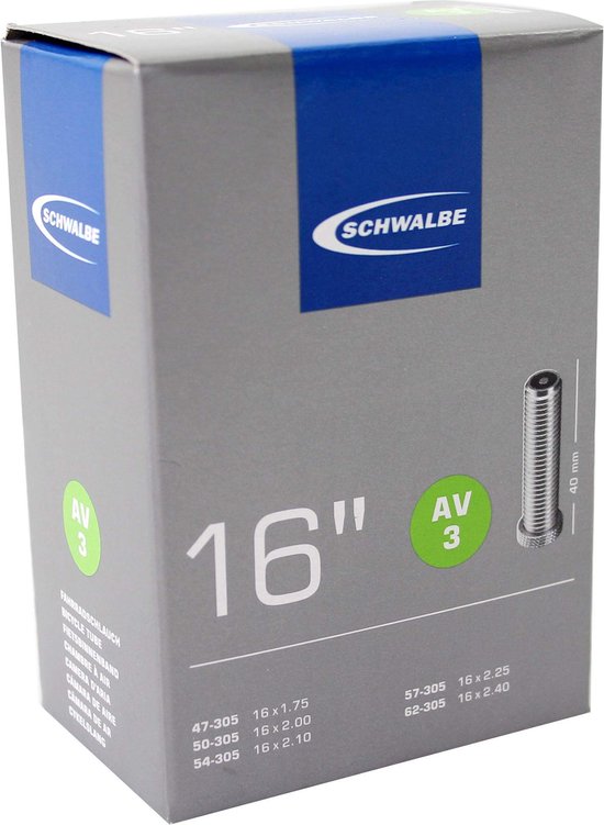 Schwalbe fietsbinnenband verpakking, 16 inch, met autoventiel AV3.