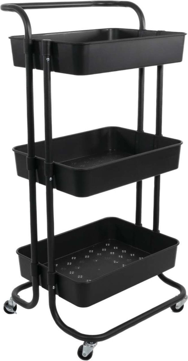 Intirilife Rolwagen met 3 niveaus in Zwart - 85 x 34 x 42 cm - Serveerwagen met handvat, opbergwagen, voor keuken, badkamer, kantoor, enz.