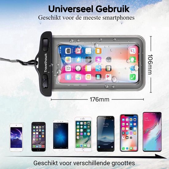 Travelhawk Waterdichte Telefoonhoesjes - Drybag Set van 2 stuks - Onderwater Hoesje - Waterdichte telefoonzakje - Geschikt voor alle Smartphones - Ook voor paspoort & betaalpassen - Doorzichtig - Water - Vakantie - Zwemmen - Telefoon - Waterdicht