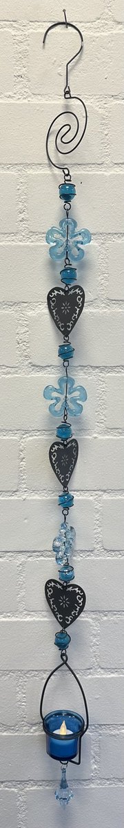 Deco theelichthouder "bloem + harten" met metalen ketting - zwarte ketting & blauwe glazen stenen - lengte 115 cm - exclusief theelicht - Woondecoratie - Theelichthouder - Woonaccessoires