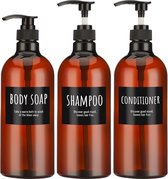 Shampoofles met pomp, SUPER set 3 stuks, lege shampoo- en conditionerfles, shampoo-dispenserfles voor lichaamszeep, bruine kunststof persdispenser, navulbaar