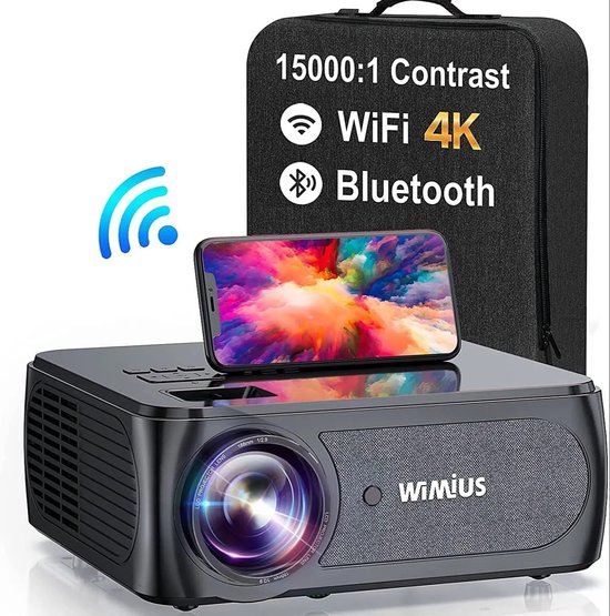 Wimius K8 Projector - 4K Full HD Beamer - 4D Keystone - 5G WiFi - 300 inch - 15.000 Lumen - Thuisbioscoop - Film Projector - 360 graden flip functie - Inclusief draagtas