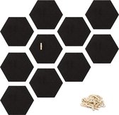 zeshoekig prikbord van kurk - Set van 10 zelfklevende tegels - Inclusief 50 houten punaises - 15 x 17 cm wandbord in zwart