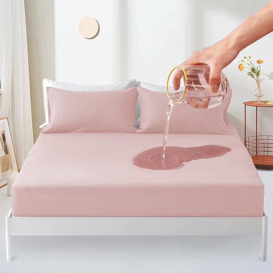 Matrasbeschermer waterdicht 140x200cm hoeslaken, ademende matrasbeschermer, incontinentieoplegger, waterdichte matrasbescherming, vochtbescherming hoeslaken -roze