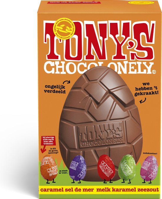 Tony's Chocolonely Chocolade Paasei Groot - Hol Ei met Melkchocolade en Karamel Zeezout + 5 Kleine Paaseieren - Paaschocolade - Paas Cadeau - Paascadeautjes voor Kinderen - 1 x 242 Gram