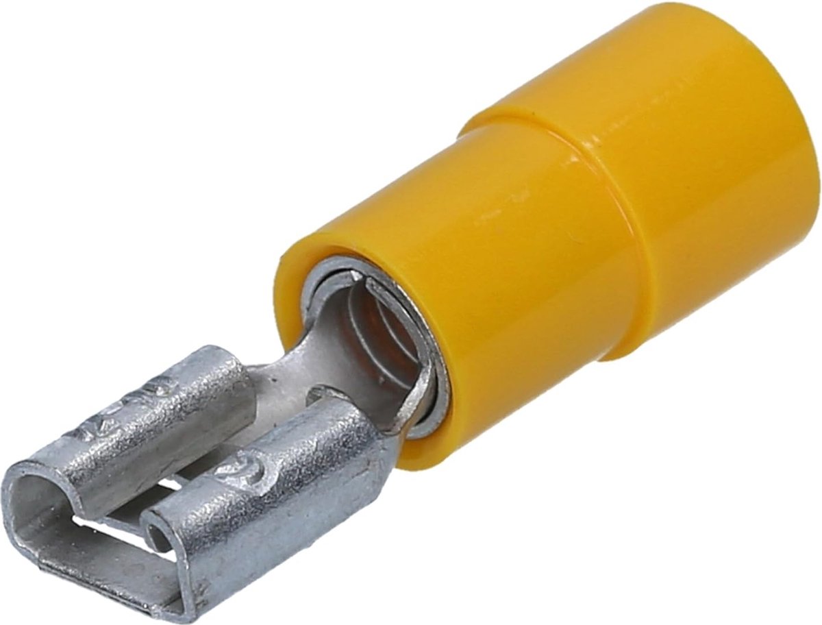 100 stuks Kalitec FHG638 platte stekker geel 6,3x0,8 I 4-6mm² kabelconnector I gedeeltelijk geïsoleerd I messing I voor voertuigen en industrie