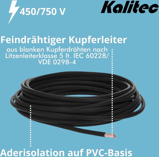 Kalitec Câble De Câblage H07V-K 6 Mm² Bleu - 5 M - Flexible - Toron 6 Mm² - Câblage à Fils Fins - Câble Unique