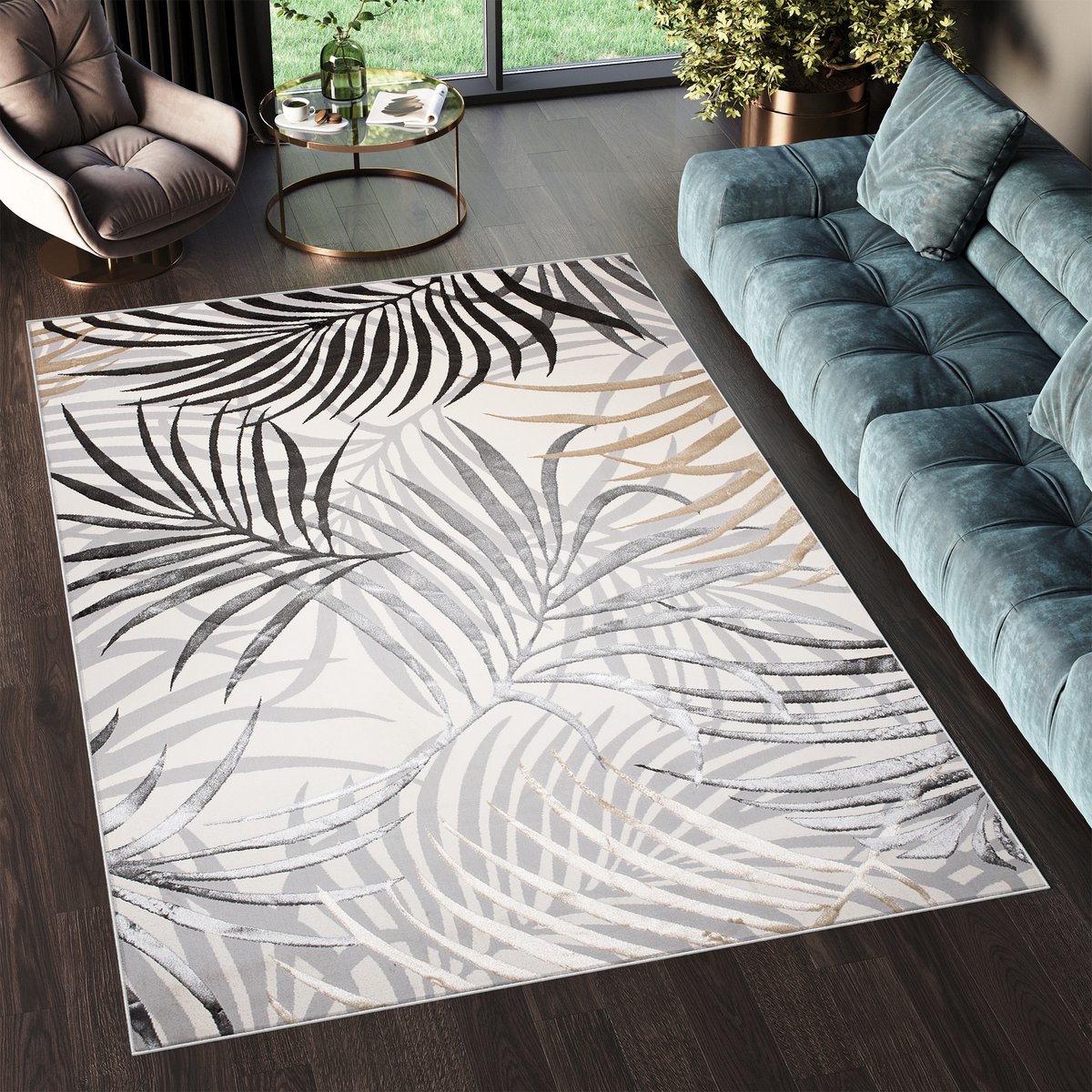 Tapiso Golden Vloerkleed Grijs Lichtgrijs Bladeren Modern Tapijt Maat- 120x170