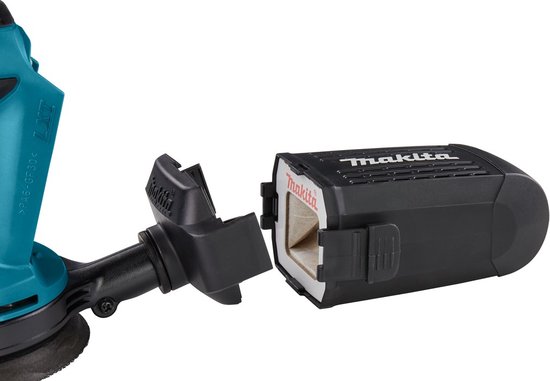 Open zwarte Makita stofafscheider met een geel filter erin.