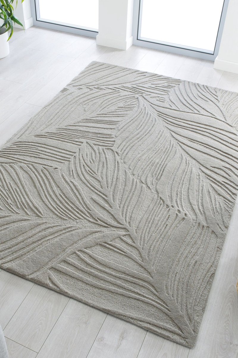flycarpets Lino Leaf Modern Laagpolig - 100% Wol Vloerkleed - Grijs - 160x230 cm