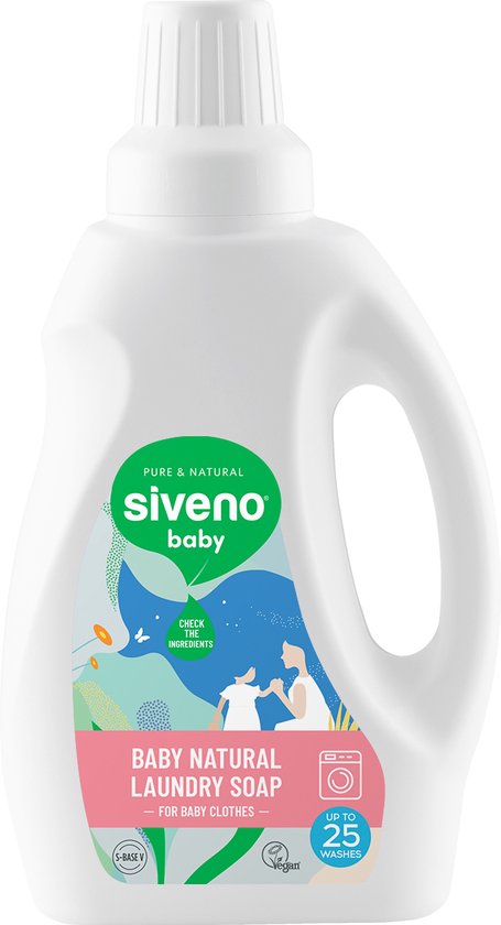 Witte fles Siveno baby wasmiddel, baby natuurlijk wasmiddel, met een label dat een gezin afbeeldt.