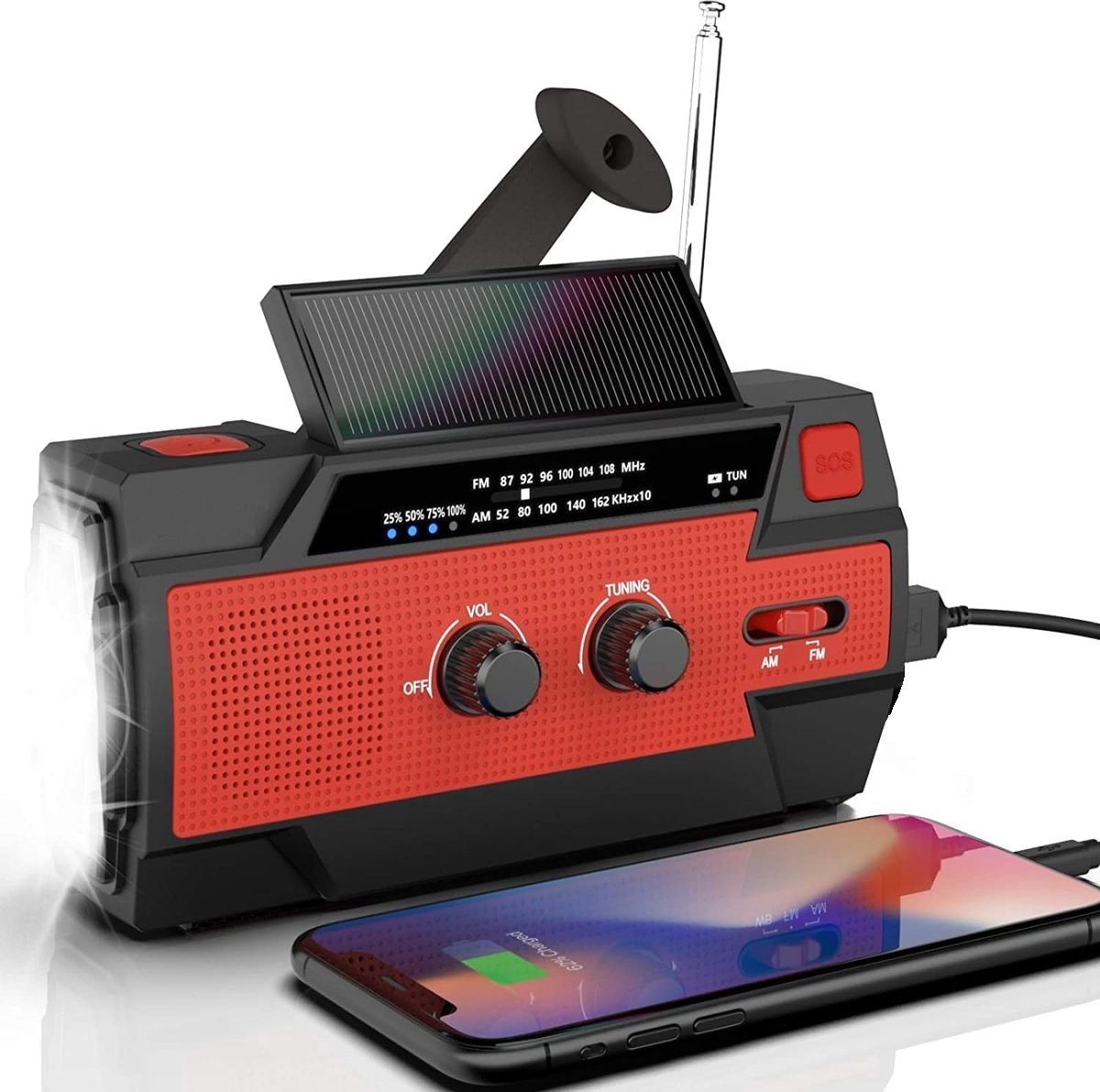 Cb-Goods® Noodradio - Opwindbare radio - Noodradio dynamo solar - Noodradio opwindbaar - Noodradio zaklamp/Powerbank - Survival radio - Rood