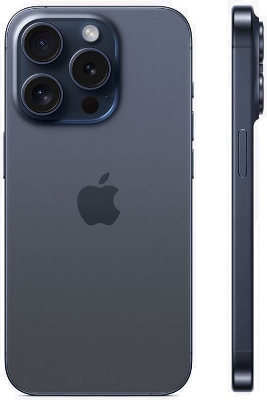 Achterkant en zijkant van de donkerblauwe iPhone 15 Pro met drievoudige camera.