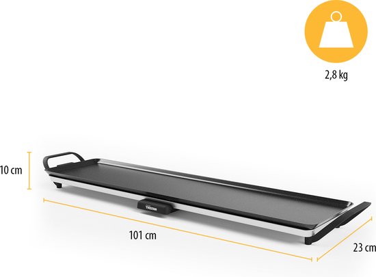 Appareil à raclette XL Tristar, 101 cm de long, 23 cm de large et 10 cm de haut, avec poignées.