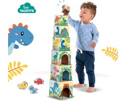 SES - Tiny Talents - Stapelblokken toren met dinosaurus figuren - Montessori - 7 stapelblokken met 3 speel dino's - mooi geïllustreerd - Speelgoed 1 jaar