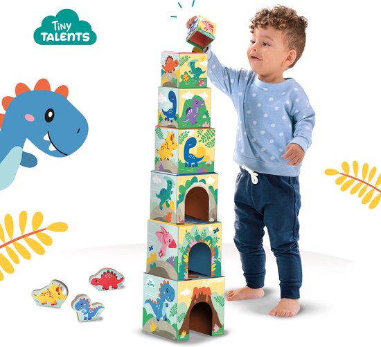 SES - Tiny Talents - Stapelblokken toren met dinosaurus figuren - Montessori - 7 stapelblokken met 3 speel dino's - mooi geïllustreerd - Speelgoed 1 jaar van SES — afbeelding 4